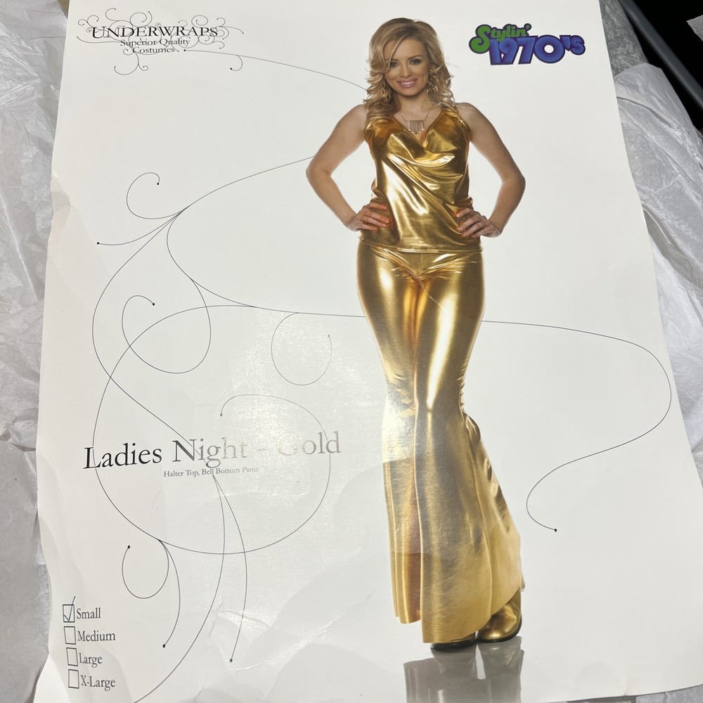 Gold Ladies Night Costume Womens 70s Disco Bell Bottoms Halloween